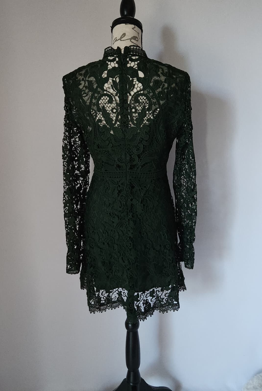 Zara Women Guipure Lace Mini Dress Mock Neck Lined Long Sleeve Green Sz.M - Thumbnail 6