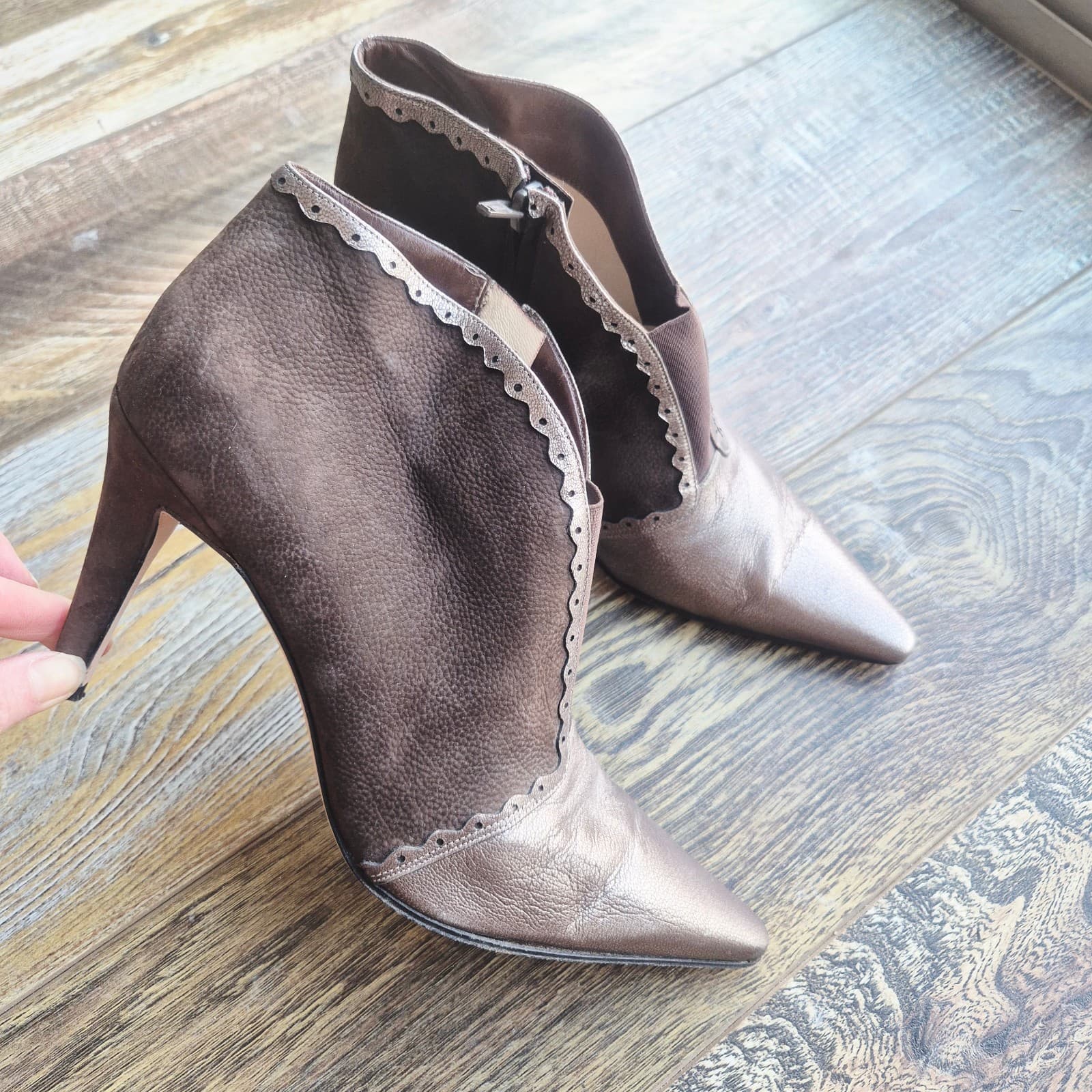 Moreschi Made in Italy Brown Metallic Leather 3.5 Stiletto Ankle Boot Zip EU38 - Thumbnail 4