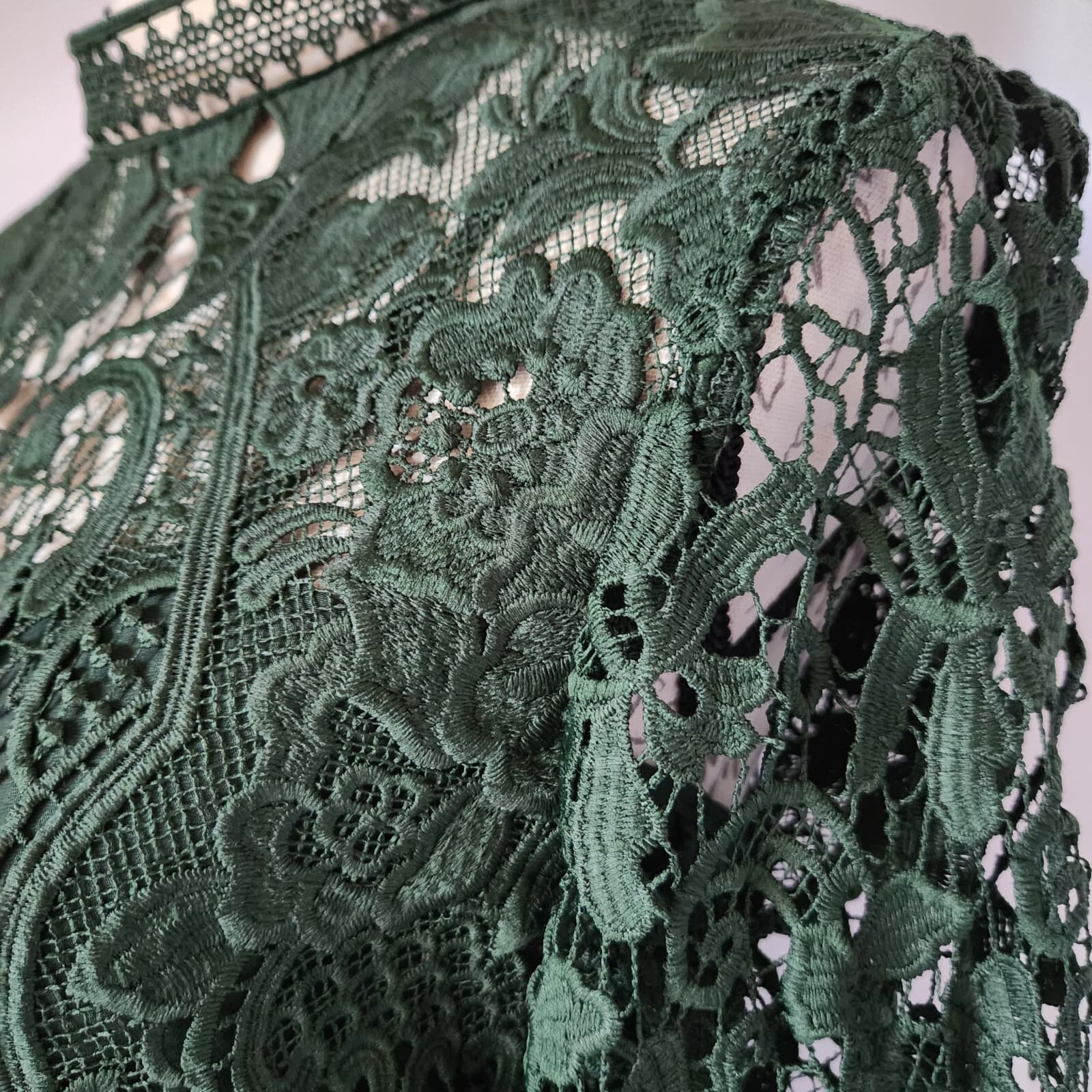 Zara Women Guipure Lace Mini Dress Mock Neck Lined Long Sleeve Green Sz.M - Thumbnail 4