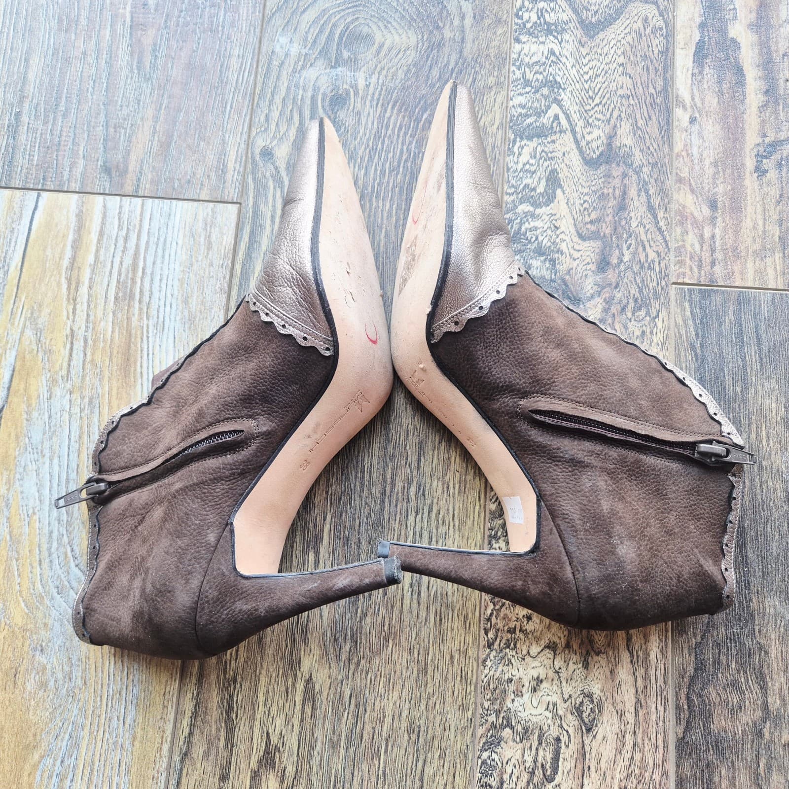 Moreschi Made in Italy Brown Metallic Leather 3.5 Stiletto Ankle Boot Zip EU38 - Thumbnail 10