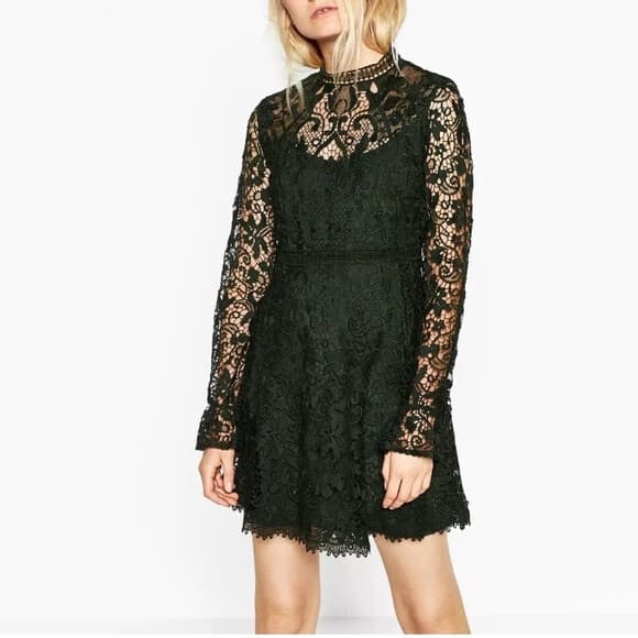 Zara Women Guipure Lace Mini Dress Mock Neck Lined Long Sleeve Green Sz.M - Thumbnail 3