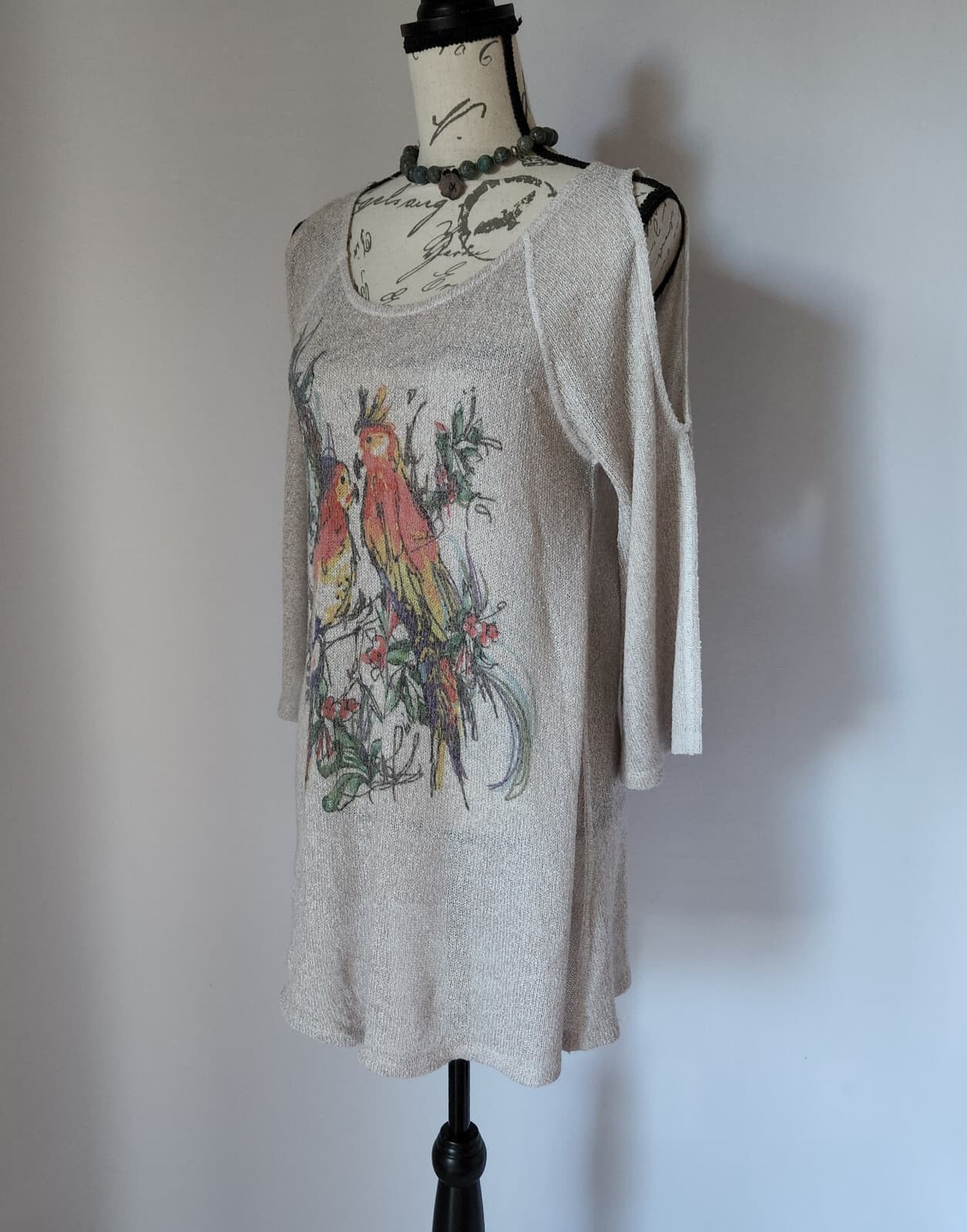 Inoah Bird Paint Knit Tunic Top Cold Shoulder 3/4 Sleeve Beige Sz.S Made in USA - Thumbnail 4