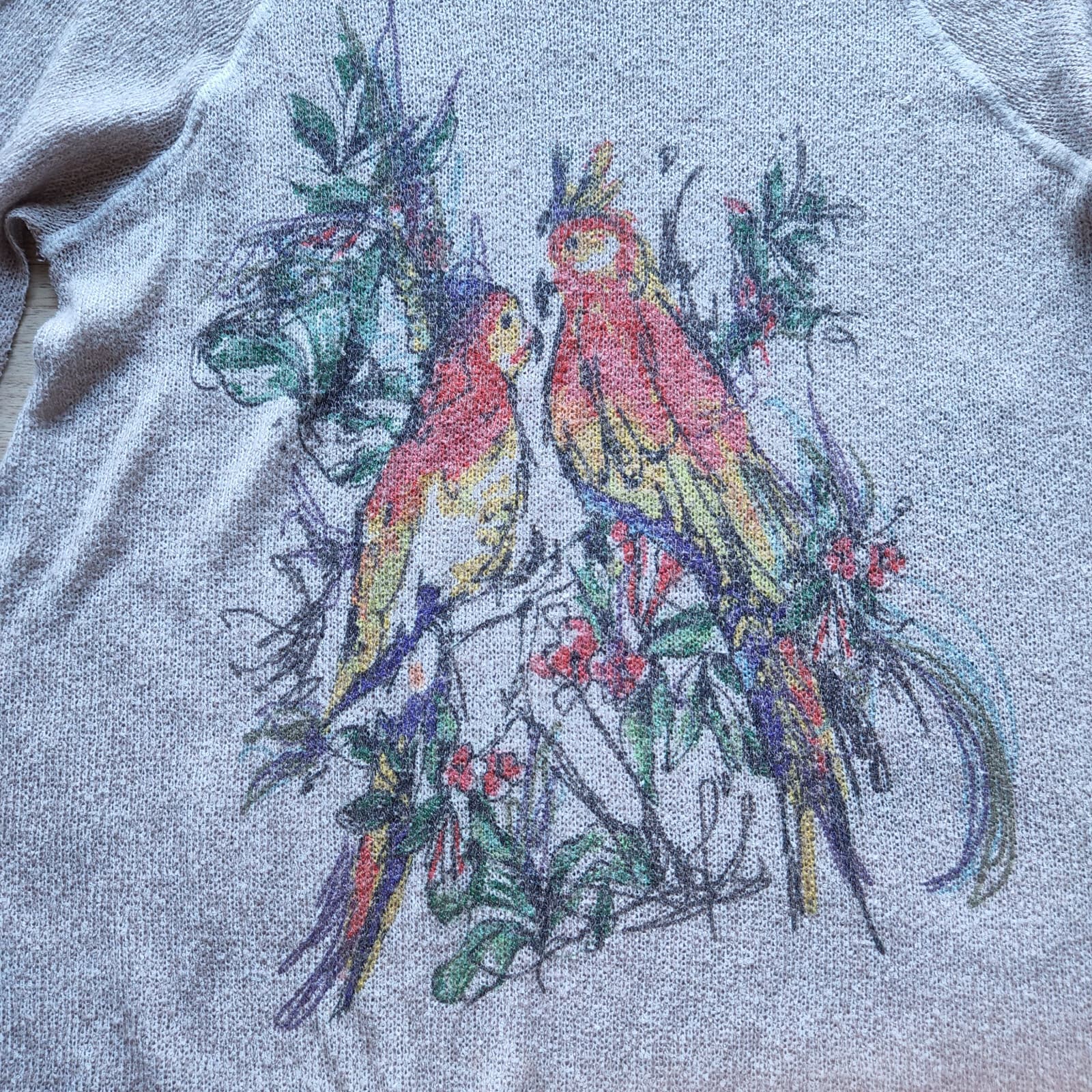 Inoah Bird Paint Knit Tunic Top Cold Shoulder 3/4 Sleeve Beige Sz.S Made in USA - Thumbnail 8