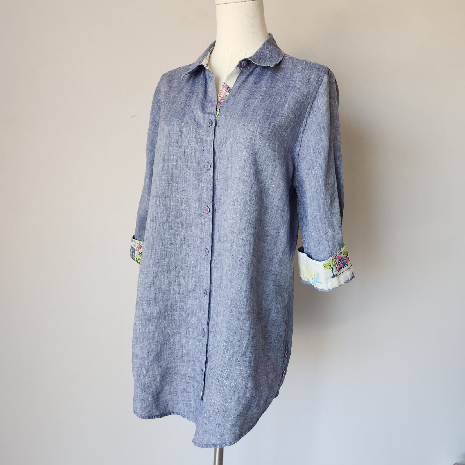 Chico's No Iron 100% Linen Button-Up Tunic Shirt 3/4 Sleeve Blue Size 1 (8/10) - Thumbnail 2
