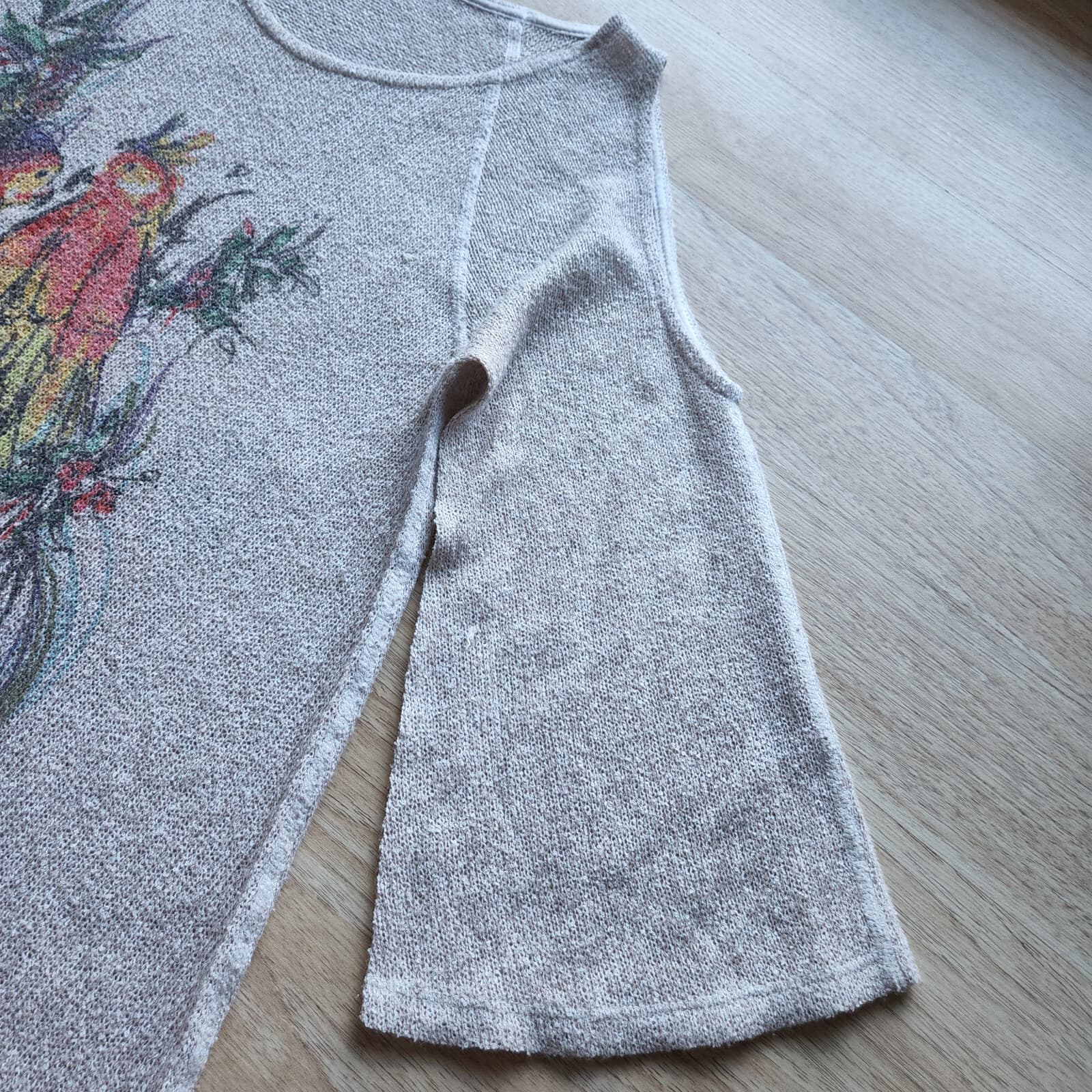 Inoah Bird Paint Knit Tunic Top Cold Shoulder 3/4 Sleeve Beige Sz.S Made in USA - Thumbnail 6