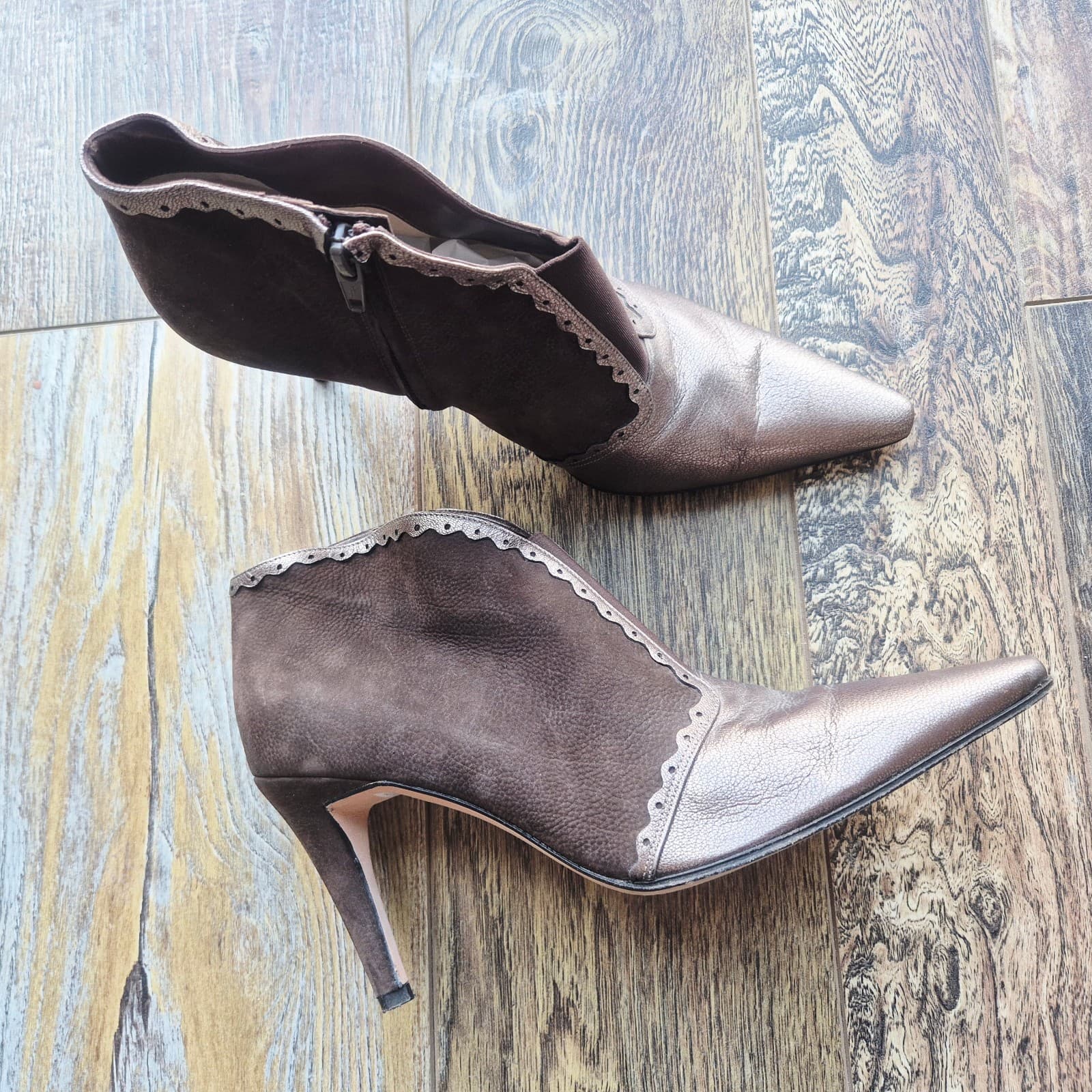 Moreschi Made in Italy Brown Metallic Leather 3.5 Stiletto Ankle Boot Zip EU38 - Thumbnail 3