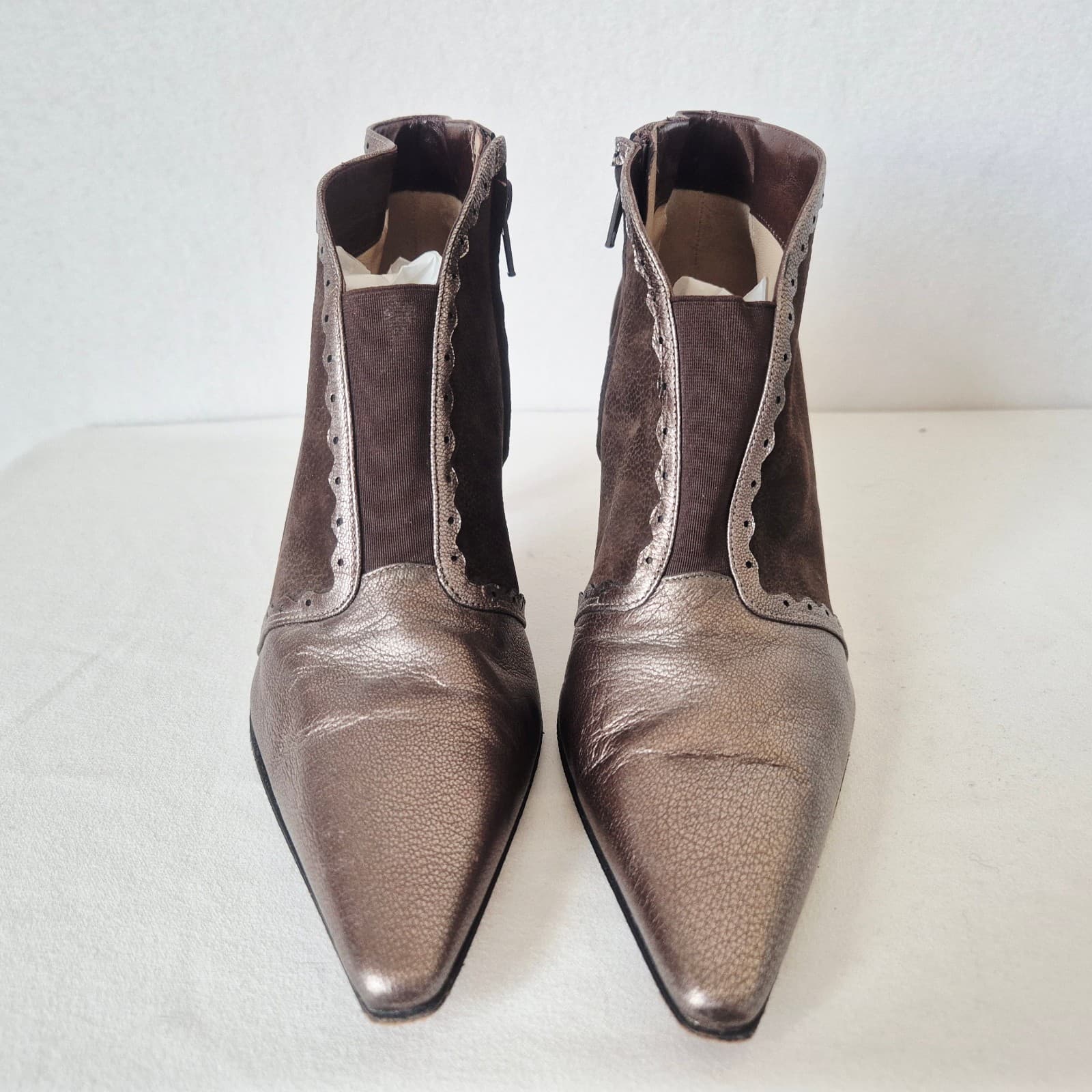 Moreschi Made in Italy Brown Metallic Leather 3.5 Stiletto Ankle Boot Zip EU38 - Thumbnail 5