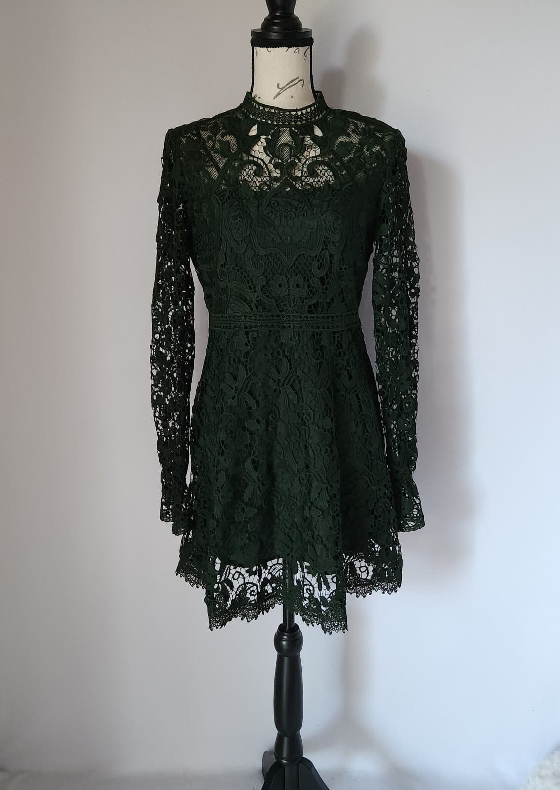 Zara Women Guipure Lace Mini Dress Mock Neck Lined Long Sleeve Green Sz.M - Thumbnail 2