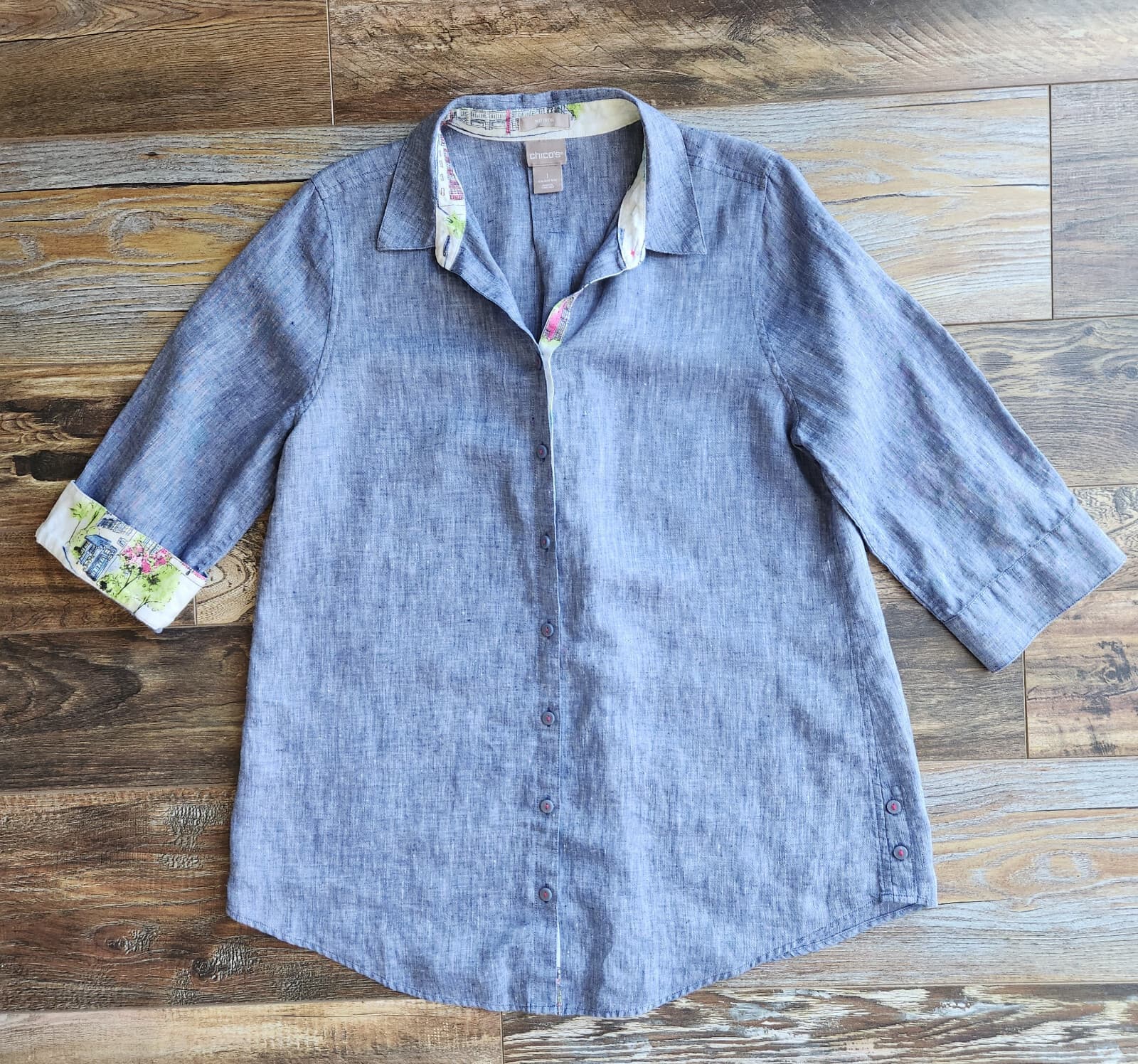 Chico's No Iron 100% Linen Button-Up Tunic Shirt 3/4 Sleeve Blue Size 1 (8/10) - Thumbnail 6