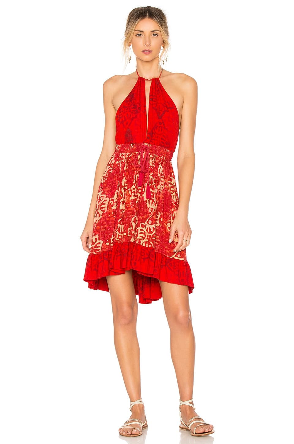 NWT Free People Beach Day Mini Dress Tie-Halter Pocket Elastic-Waist Red Sz.M - Thumbnail 3