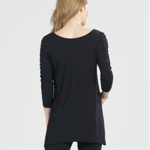 Clara Sun Woo Ruched Mesh Sleeve Detial Tunic Top Stretch Black Sz.M Made in USA - Thumbnail 2