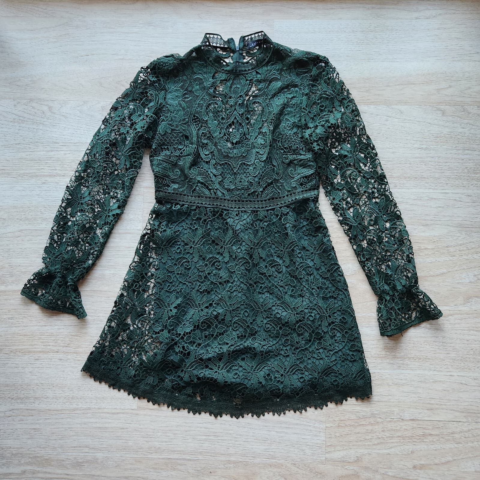 Zara Women Guipure Lace Mini Dress Mock Neck Lined Long Sleeve Green Sz.M - Thumbnail 7