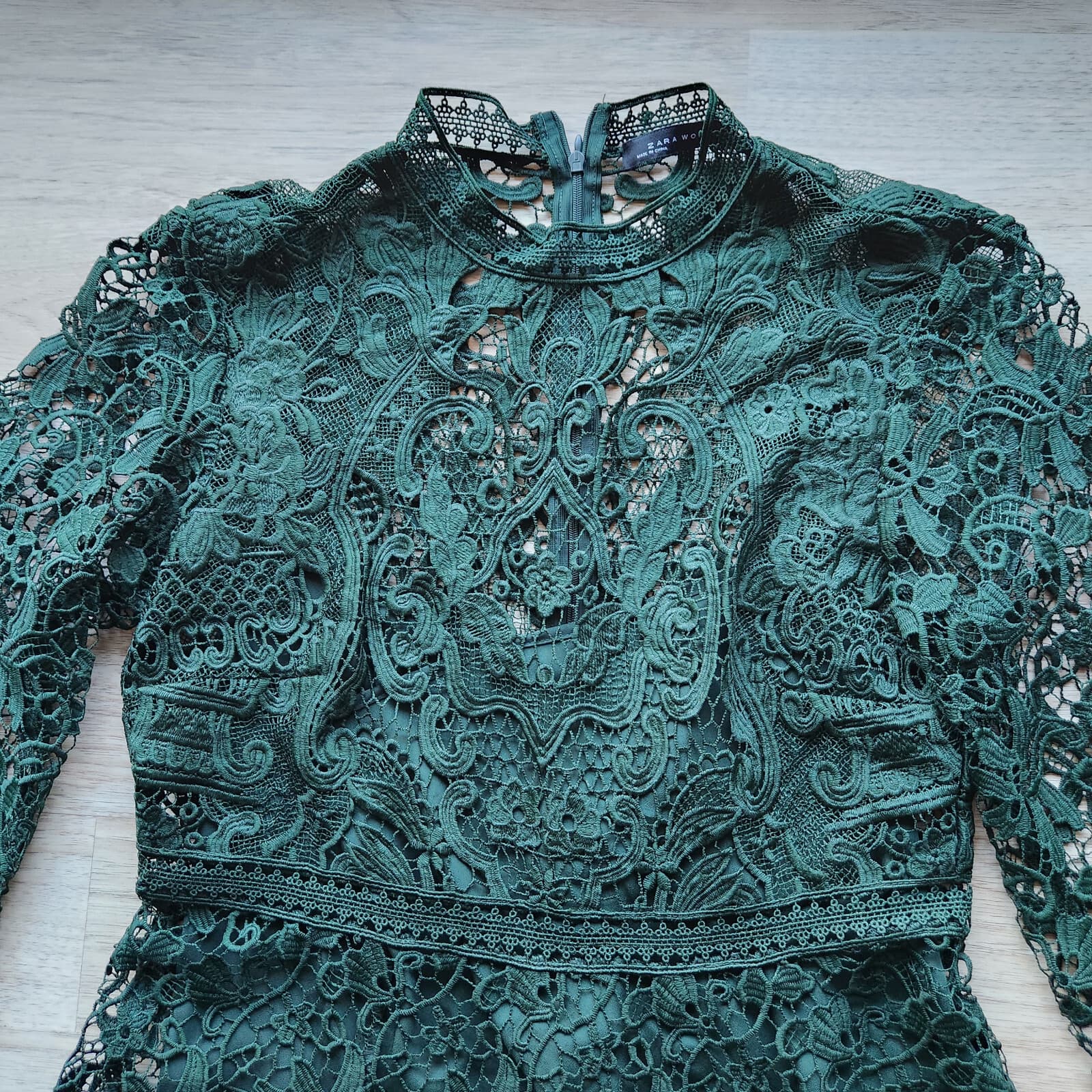 Zara Women Guipure Lace Mini Dress Mock Neck Lined Long Sleeve Green Sz.M - Thumbnail 9