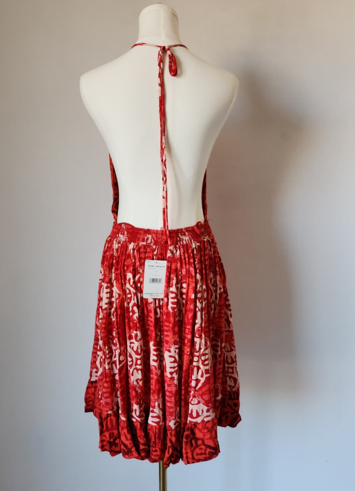 NWT Free People Beach Day Mini Dress Tie-Halter Pocket Elastic-Waist Red Sz.M - Thumbnail 9