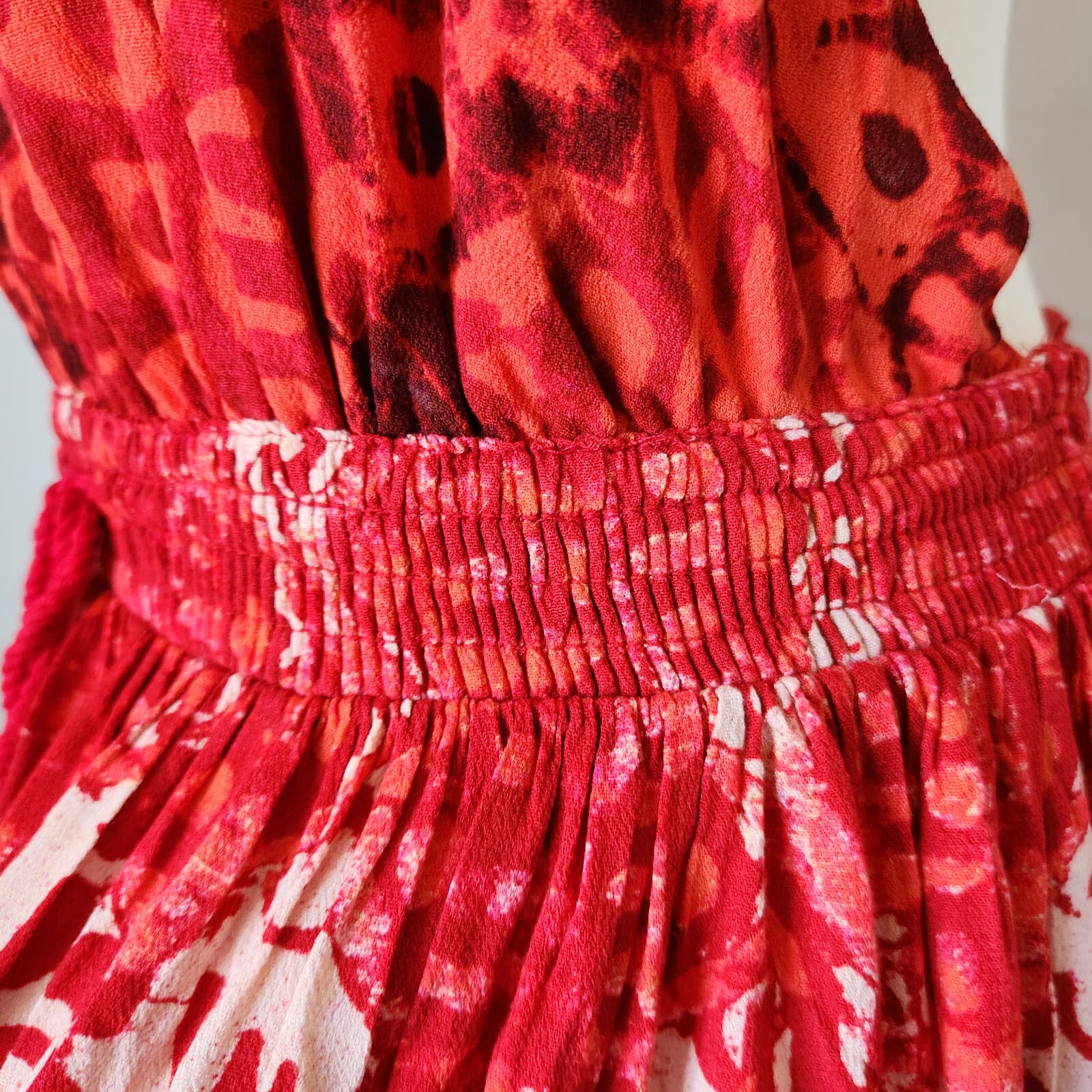 NWT Free People Beach Day Mini Dress Tie-Halter Pocket Elastic-Waist Red Sz.M - Thumbnail 10