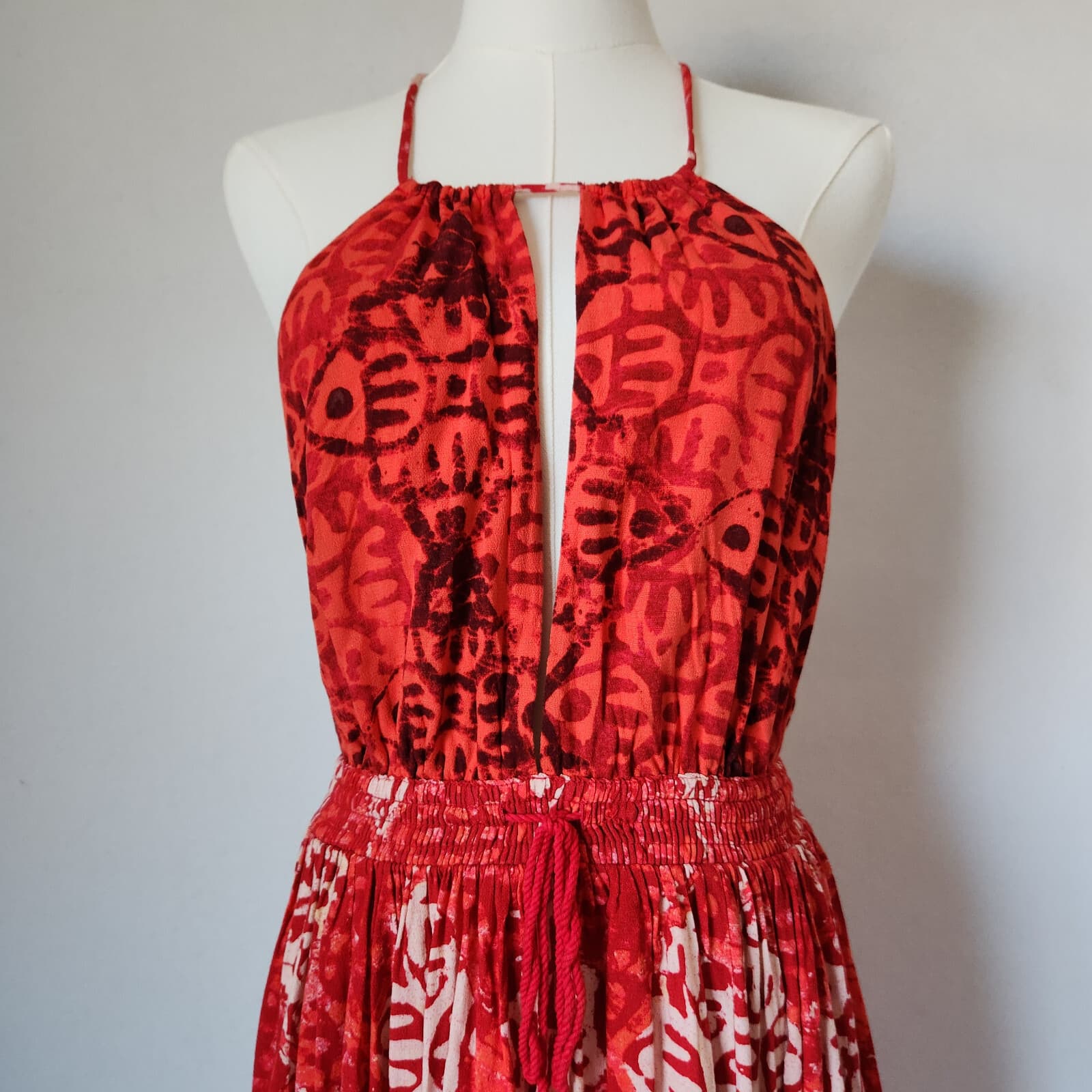 NWT Free People Beach Day Mini Dress Tie-Halter Pocket Elastic-Waist Red Sz.M - Thumbnail 4