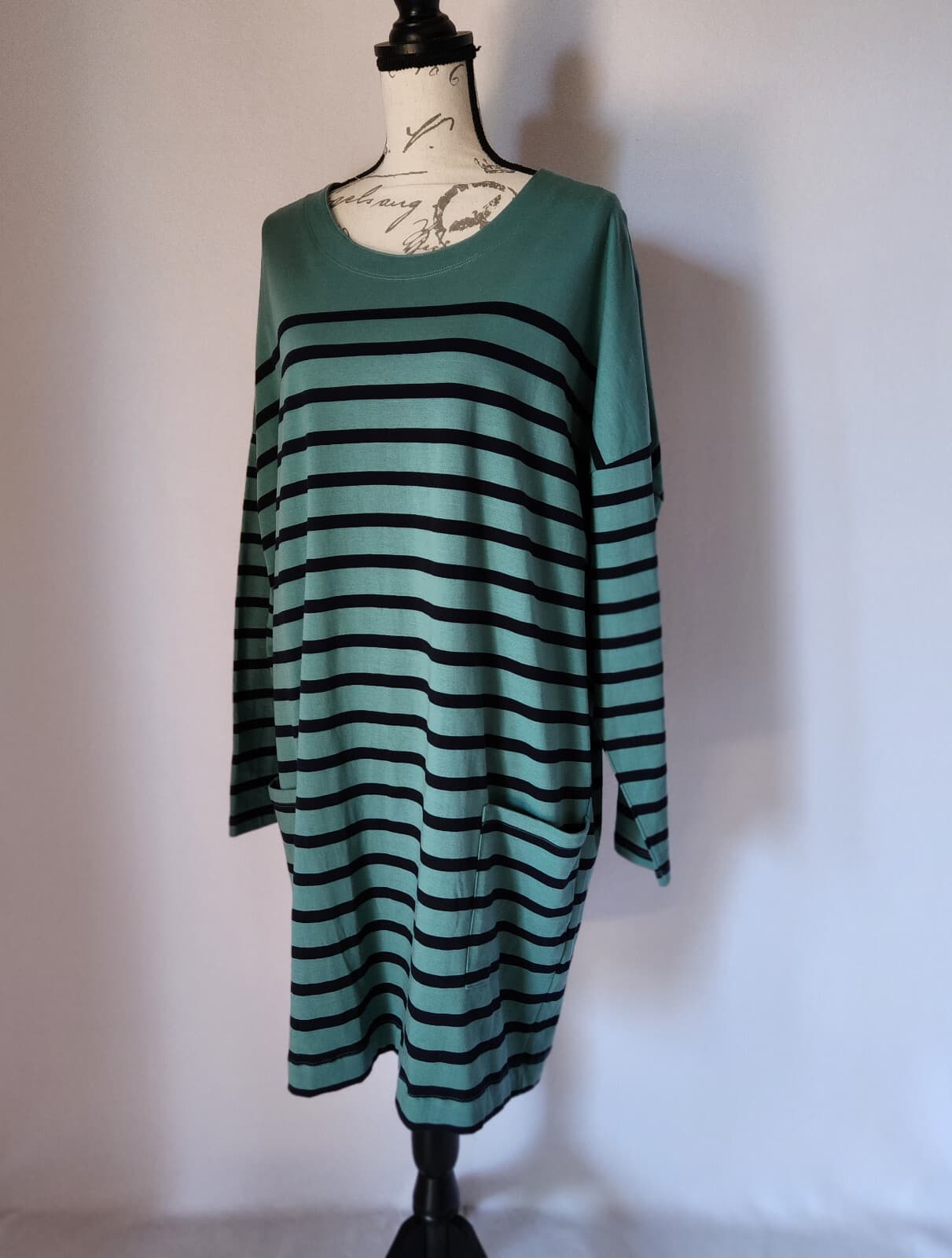 NWT BRAKEBURN Organic Cotton Tunic Stripe Dress Long Sleeve Blue Green Sz.20/48 - Thumbnail 3