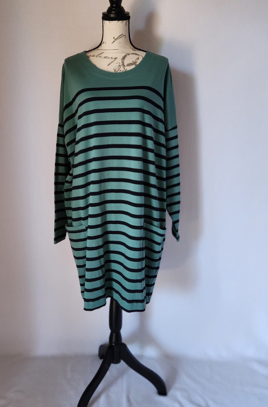 NWT BRAKEBURN Organic Cotton Tunic Stripe Dress Long Sleeve Blue Green Sz.20/48 - Thumbnail 5