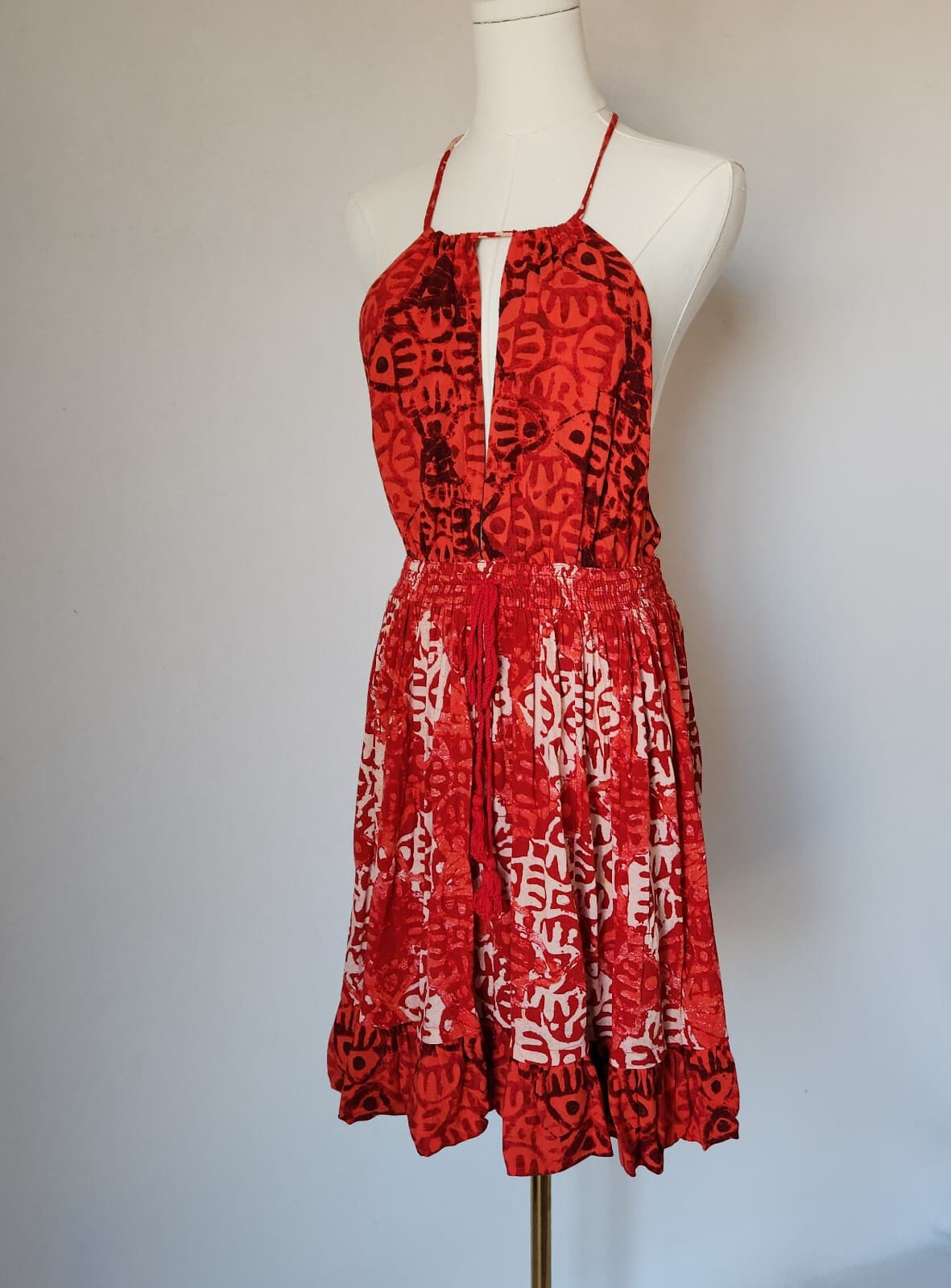 NWT Free People Beach Day Mini Dress Tie-Halter Pocket Elastic-Waist Red Sz.M - Thumbnail 2