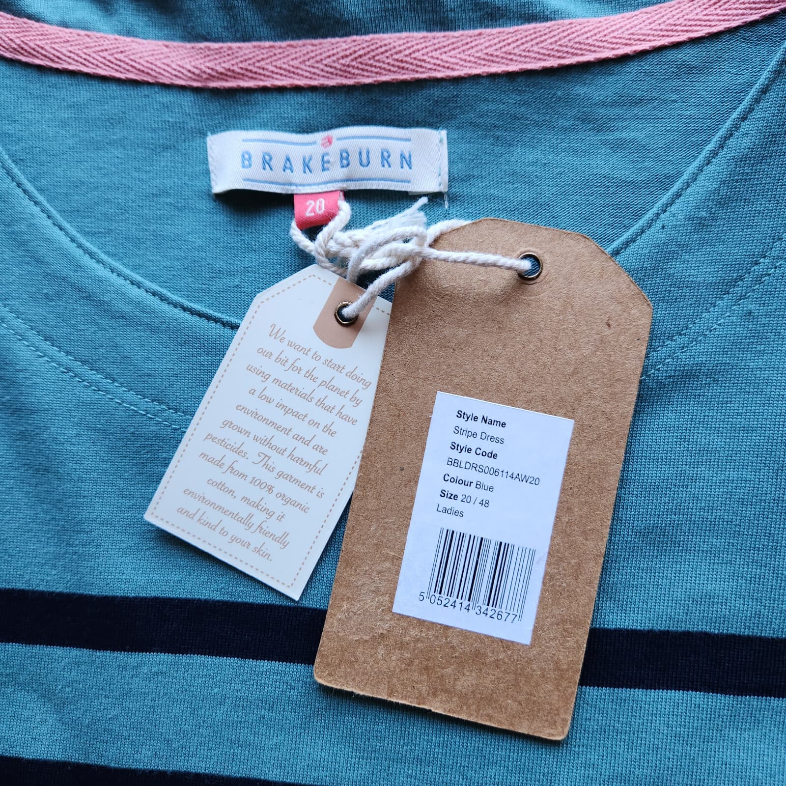 NWT BRAKEBURN Organic Cotton Tunic Stripe Dress Long Sleeve Blue Green Sz.20/48 - Thumbnail 10