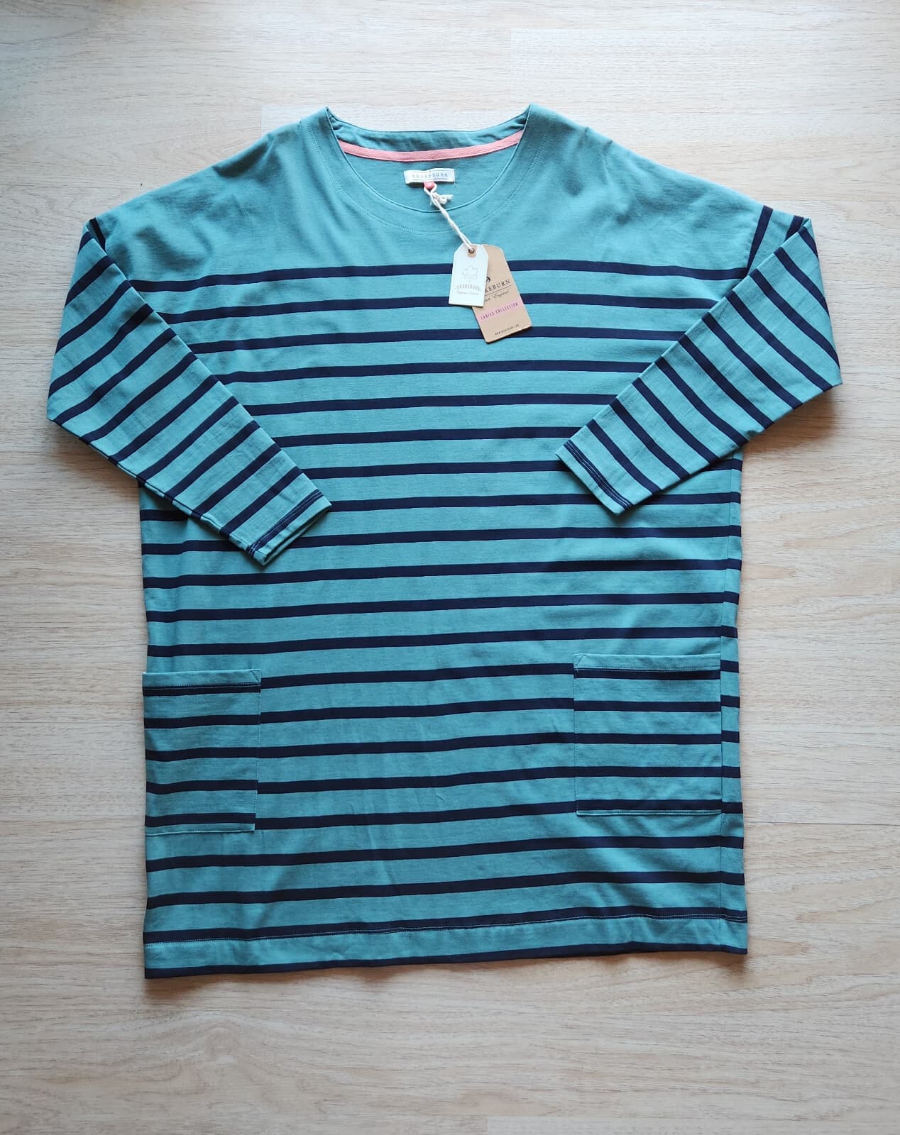 NWT BRAKEBURN Organic Cotton Tunic Stripe Dress Long Sleeve Blue Green Sz.20/48 - Thumbnail 8
