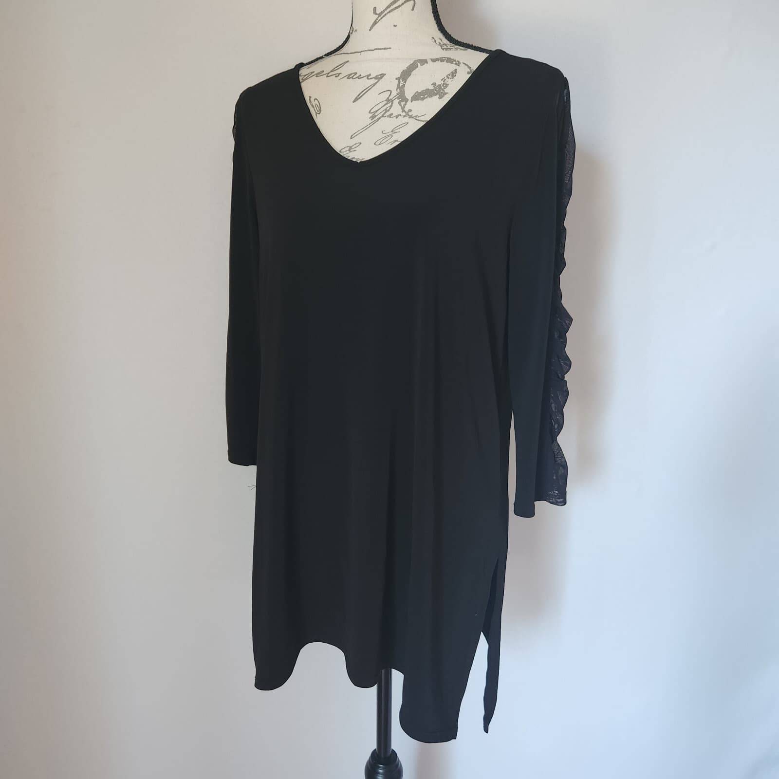 Clara Sun Woo Ruched Mesh Sleeve Detial Tunic Top Stretch Black Sz.M Made in USA - Thumbnail 4