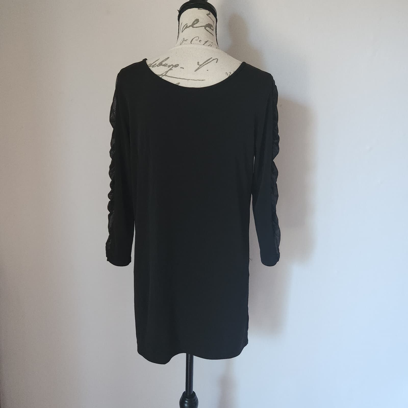 Clara Sun Woo Ruched Mesh Sleeve Detial Tunic Top Stretch Black Sz.M Made in USA - Thumbnail 7