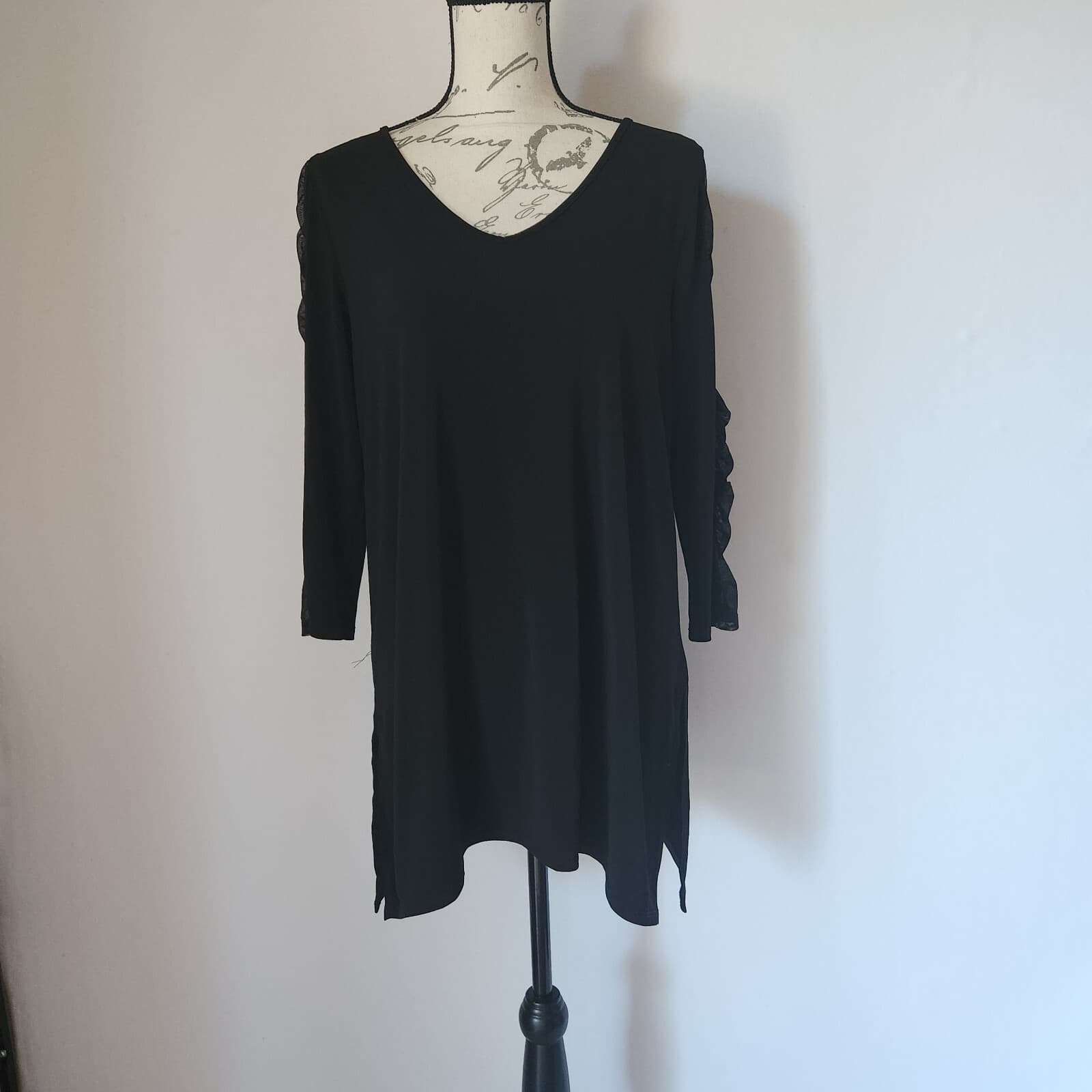Clara Sun Woo Ruched Mesh Sleeve Detial Tunic Top Stretch Black Sz.M Made in USA - Thumbnail 5