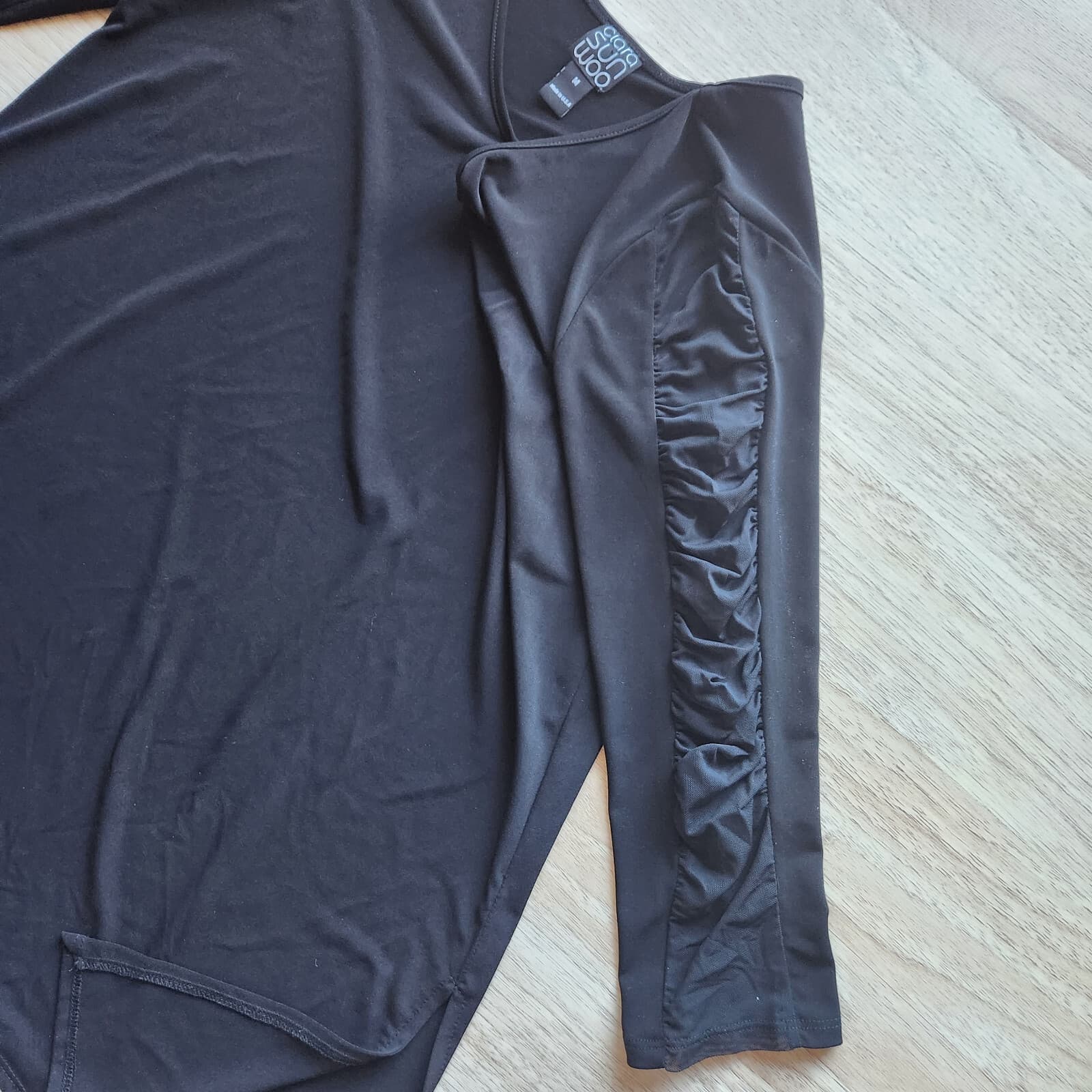 Clara Sun Woo Ruched Mesh Sleeve Detial Tunic Top Stretch Black Sz.M Made in USA - Thumbnail 8