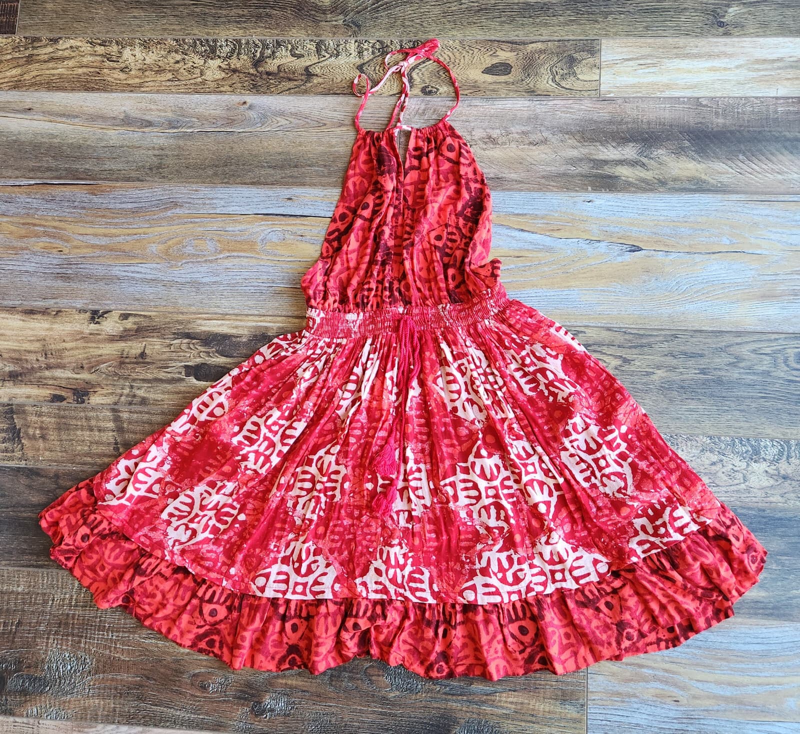 NWT Free People Beach Day Mini Dress Tie-Halter Pocket Elastic-Waist Red Sz.M - Thumbnail 12