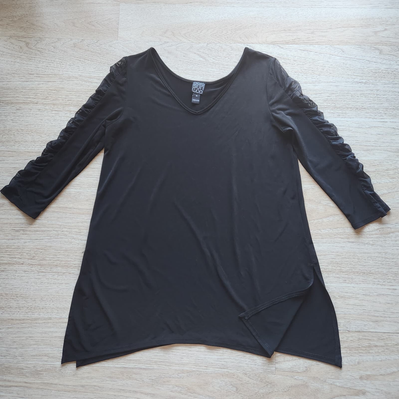 Clara Sun Woo Ruched Mesh Sleeve Detial Tunic Top Stretch Black Sz.M Made in USA - Thumbnail 3
