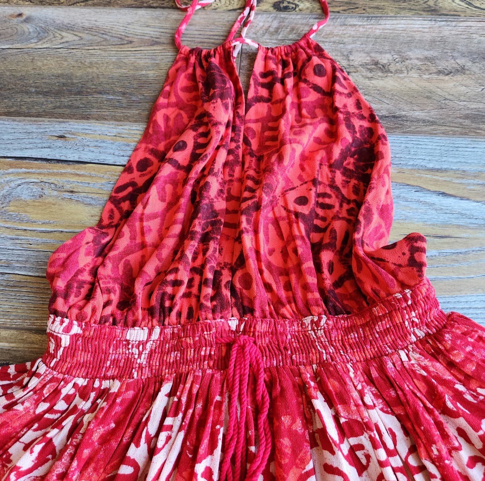 NWT Free People Beach Day Mini Dress Tie-Halter Pocket Elastic-Waist Red Sz.M - Thumbnail 14
