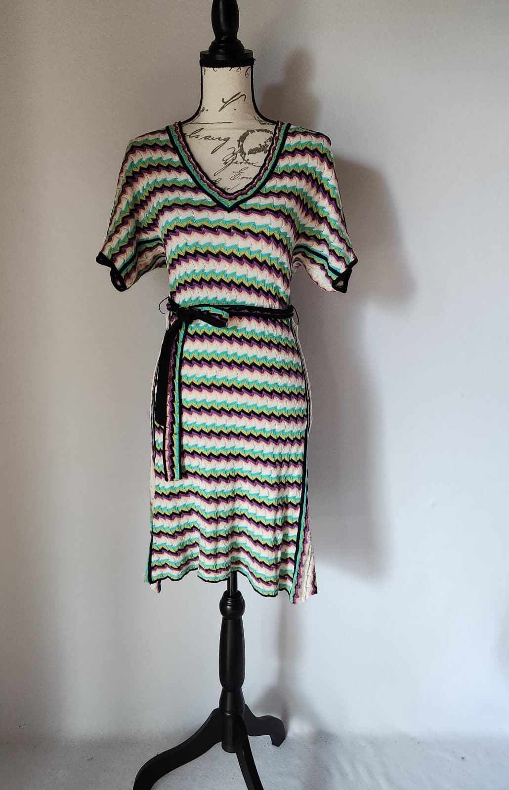 MISSONI FOULARD Chevron Stripe Knit Sheath Dress Tie-Waist Belt Multicolor Sz.6 - Thumbnail 2