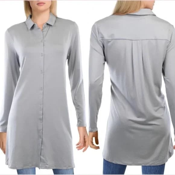 NWT EILEEN FISHER Classic Collar Tunic Shirt Long Sleeve Stretch Knit Grey Sz.L - Thumbnail 3