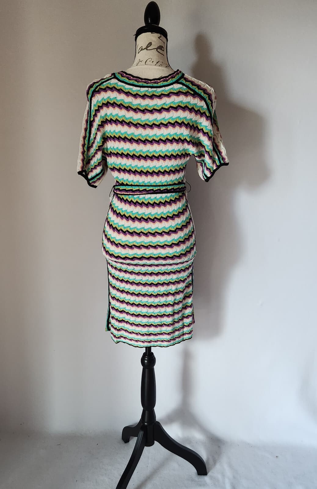 MISSONI FOULARD Chevron Stripe Knit Sheath Dress Tie-Waist Belt Multicolor Sz.6 - Thumbnail 5