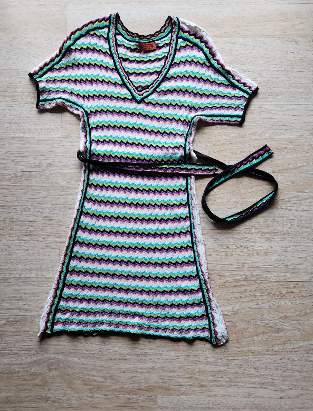 MISSONI FOULARD Chevron Stripe Knit Sheath Dress Tie-Waist Belt Multicolor Sz.6 - Thumbnail 4