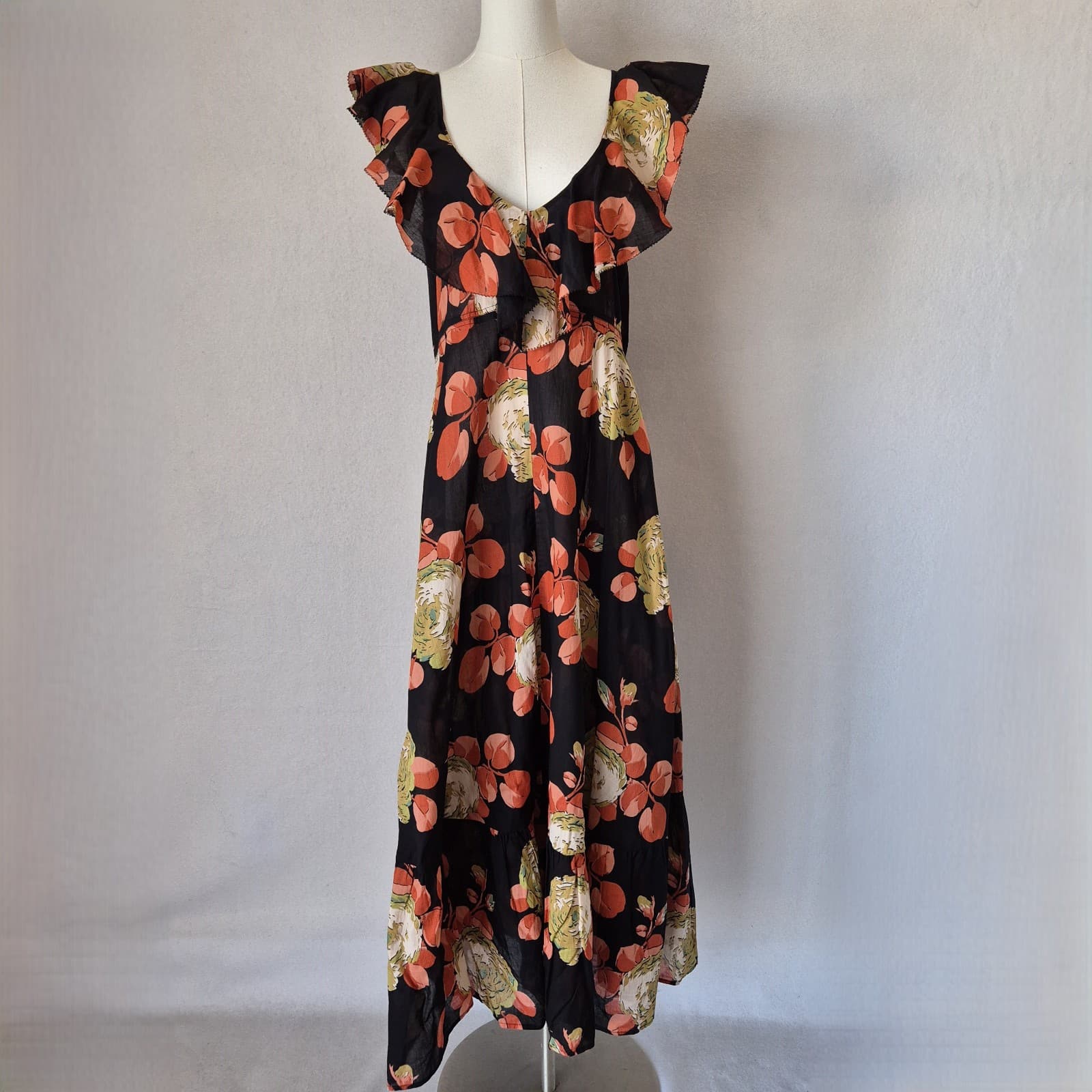 NWoT The GREAT. Geranium Midi Dress Romantic Ruffle V-Neck Cabbage Rose Sz.1 (S) - Thumbnail 3