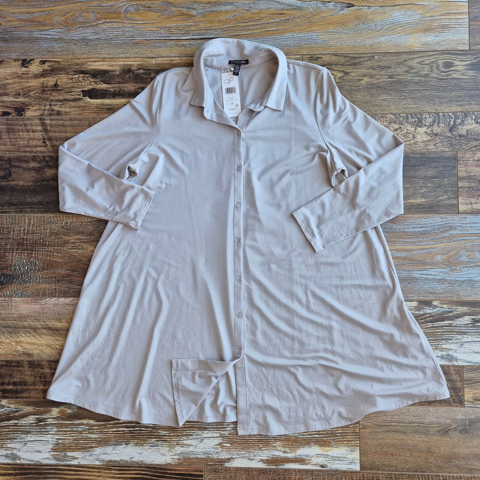 NWT EILEEN FISHER Classic Collar Tunic Shirt Long Sleeve Stretch Knit Grey Sz.L - Thumbnail 4