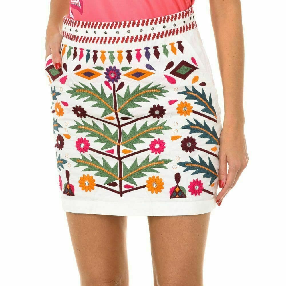 Desigual Fal Damen White Floral Embroidered Mini Skirt Zip 100% Cotton Women 38 - Thumbnail 2
