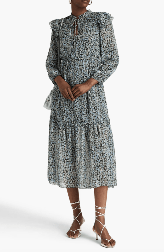 Maje Renaza Floral Sheer Chiffon Tiered Midi Dress Long Sleeve Metallic Women 40 - Thumbnail 2