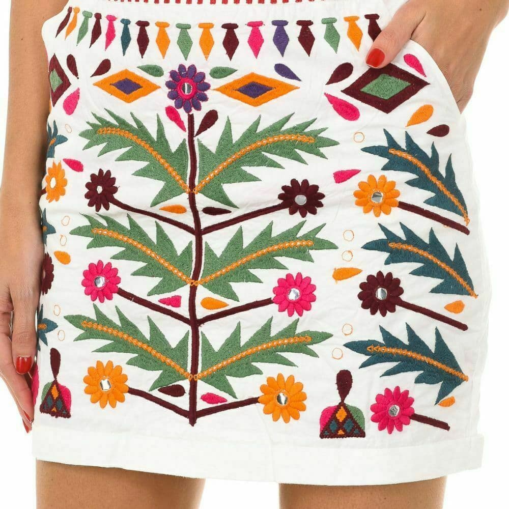Desigual Fal Damen White Floral Embroidered Mini Skirt Zip 100% Cotton Women 38 - Thumbnail 3