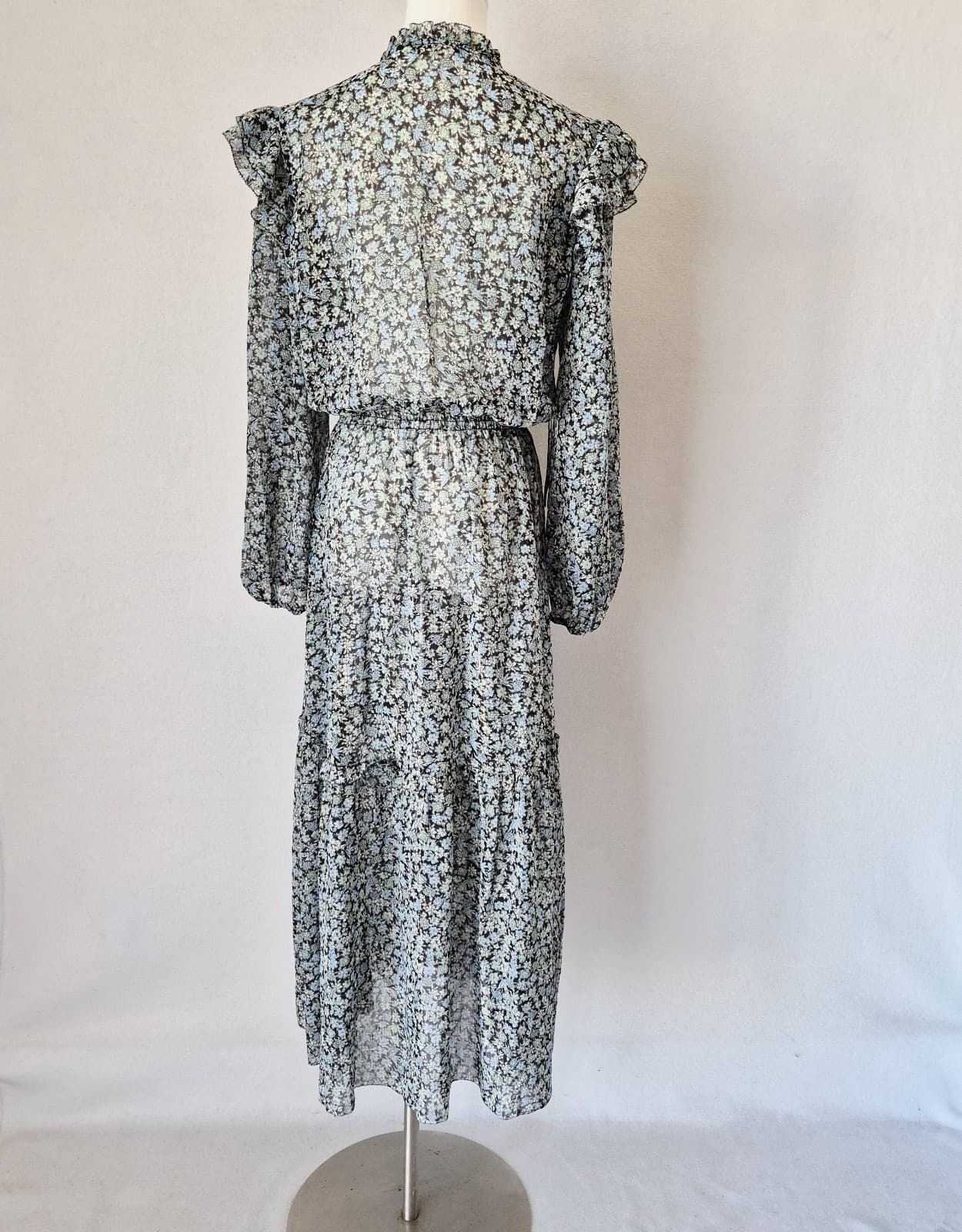 Maje Renaza Floral Sheer Chiffon Tiered Midi Dress Long Sleeve Metallic Women 40 - Thumbnail 5