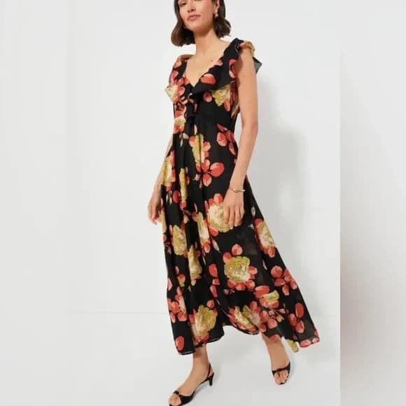 NWoT The GREAT. Geranium Midi Dress Romantic Ruffle V-Neck Cabbage Rose Sz.1 (S) - Thumbnail 2