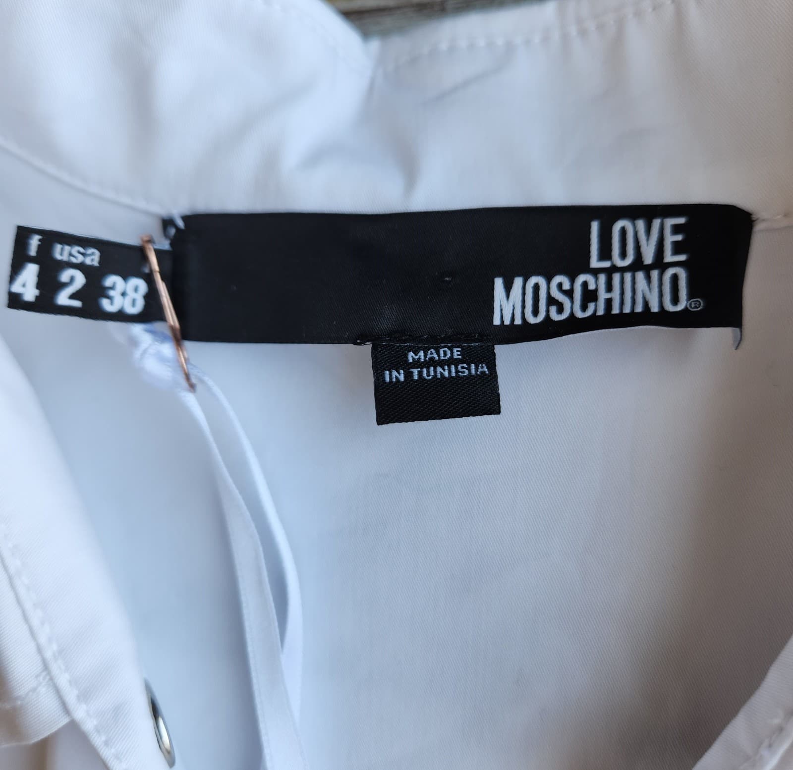NWT LOVE MOSCHINO Belted Shirt Dress Snap Long Sleeve Stretch Cotton White US2 - Thumbnail 8