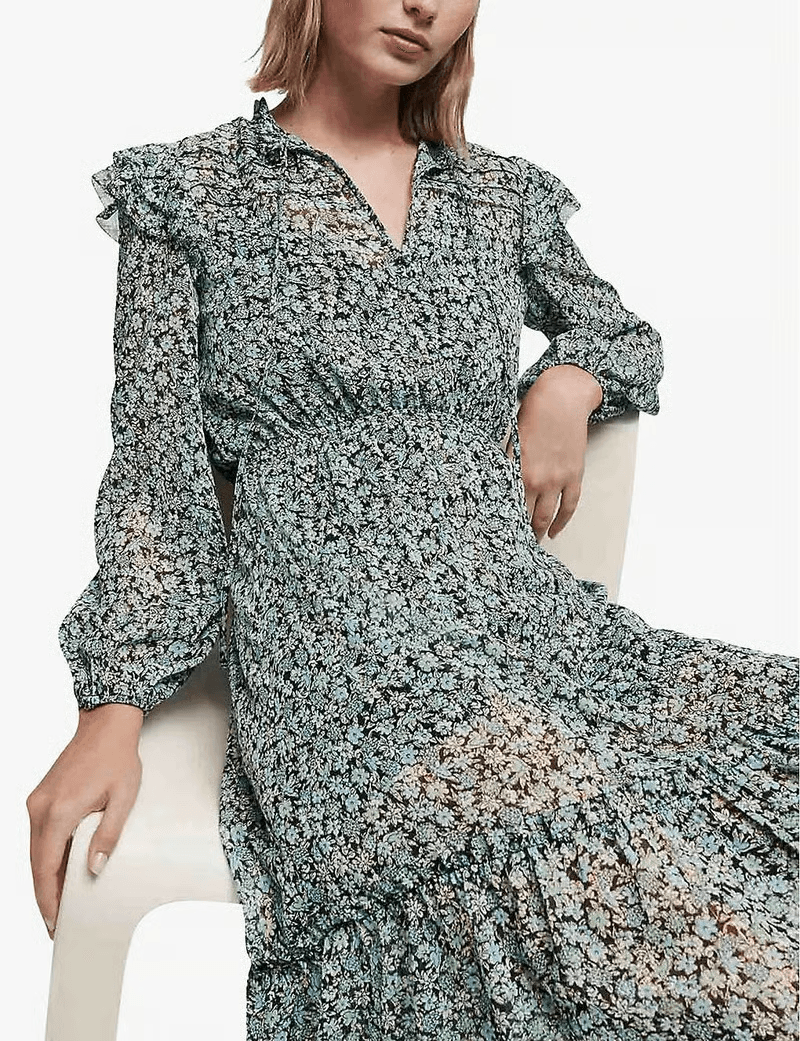 Maje Renaza Floral Sheer Chiffon Tiered Midi Dress Long Sleeve Metallic Women 40 - Thumbnail 4