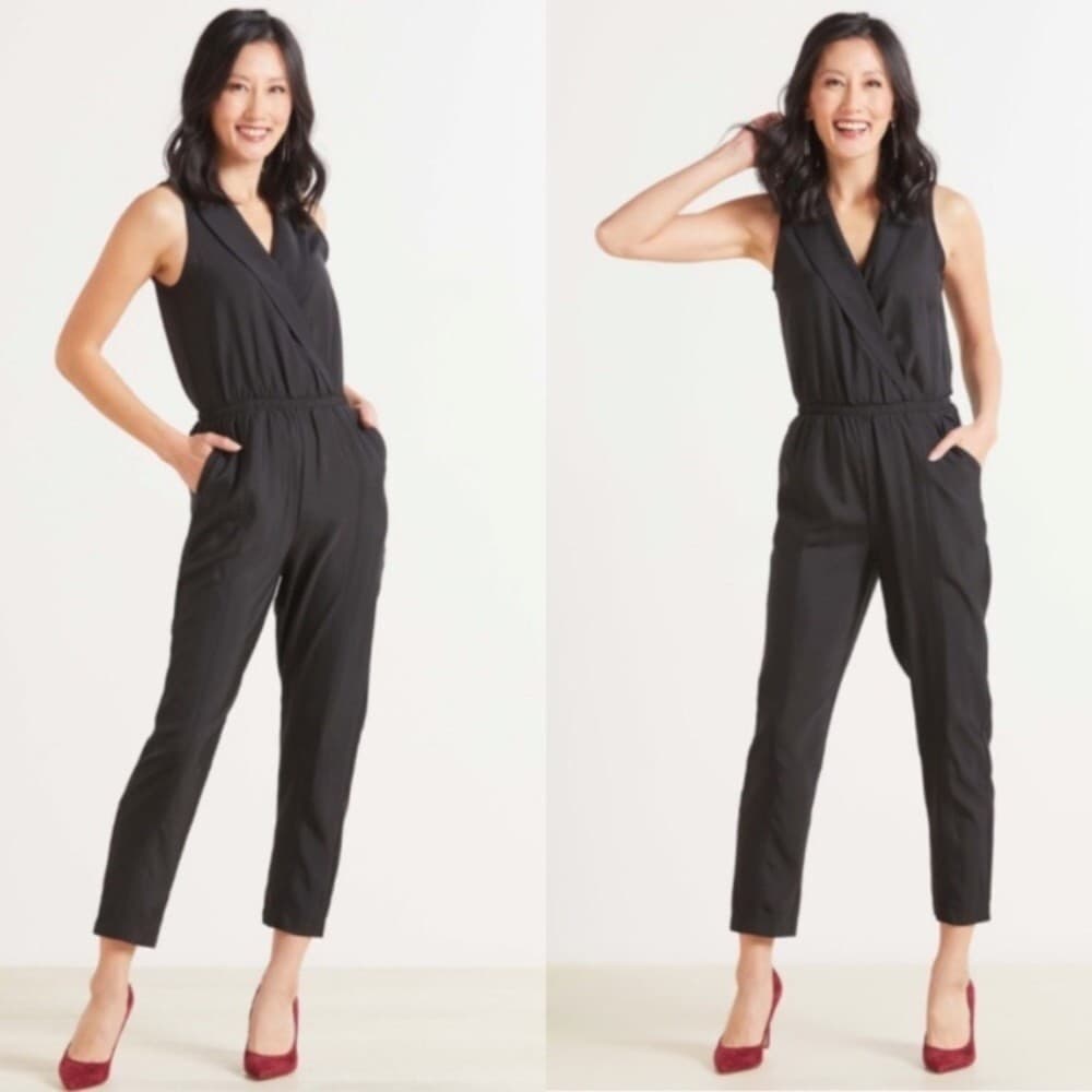COS 100% Silk Surplice Jumpsuit Cap Sleeve Pocket Elastic Waist Black Women's 4 - Thumbnail 12