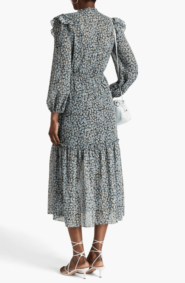 Maje Renaza Floral Sheer Chiffon Tiered Midi Dress Long Sleeve Metallic Women 40 - Thumbnail 6