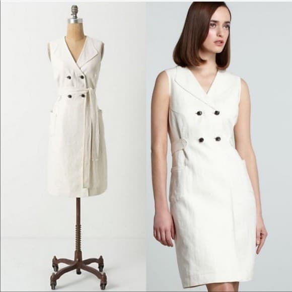 Koto Bolofo Anthropologie Linen Wrap Shirt Dress Sleeveless Pocket Ivory Sz.10 - Thumbnail 2
