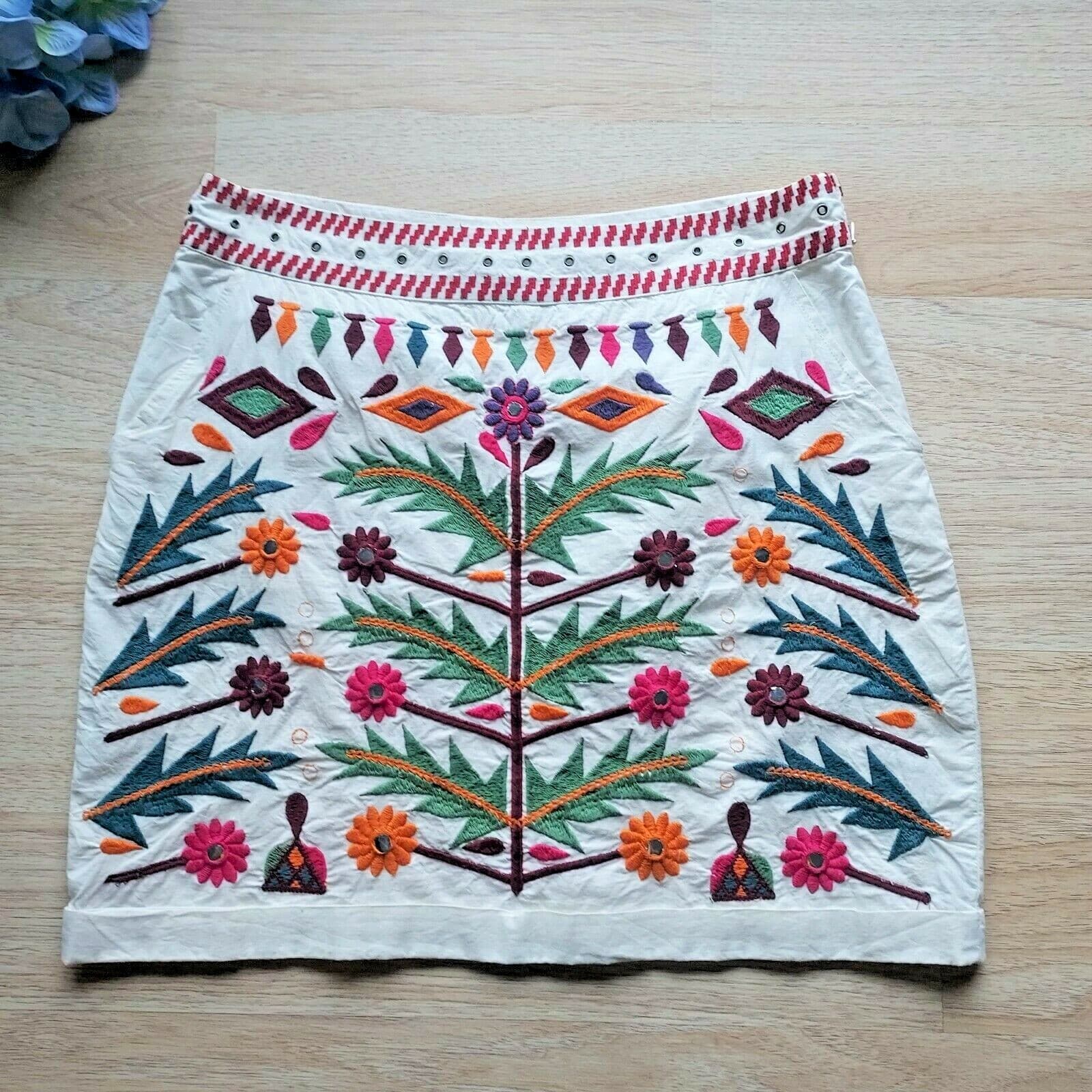 Desigual Fal Damen White Floral Embroidered Mini Skirt Zip 100% Cotton Women 38