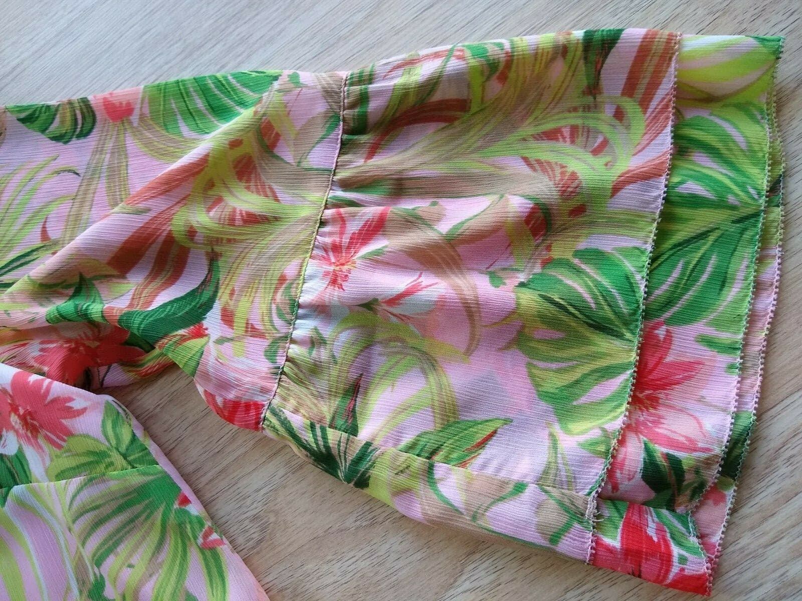 J.Jill Chiffon Floral Tunic Top Long Bell-Sleeve Ruffle-Tie-Neck Lined Pink Sz.L - Thumbnail 5
